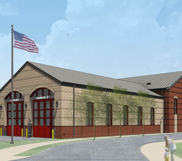 Rendering of Engine Company 27 showing apparatus bays